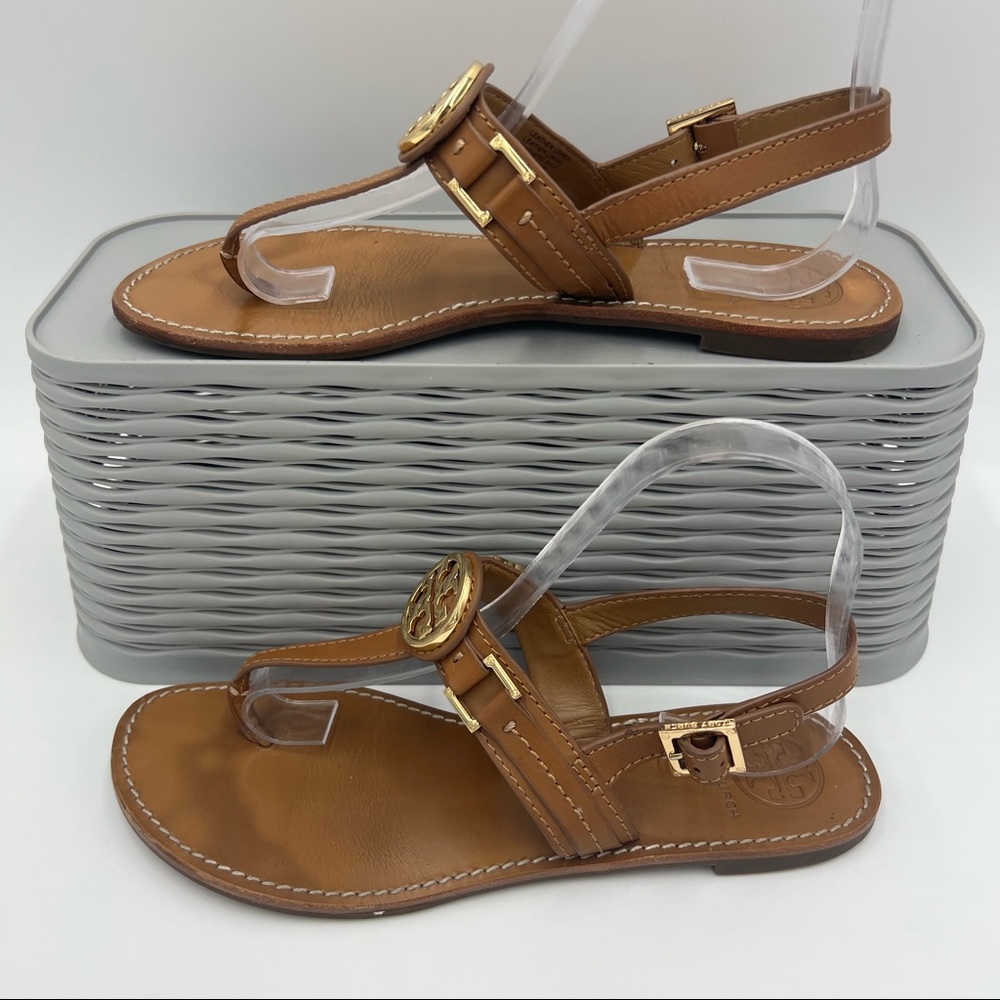Tory Burch Cassia T Strap Leather Sandals Tan Size 8.5